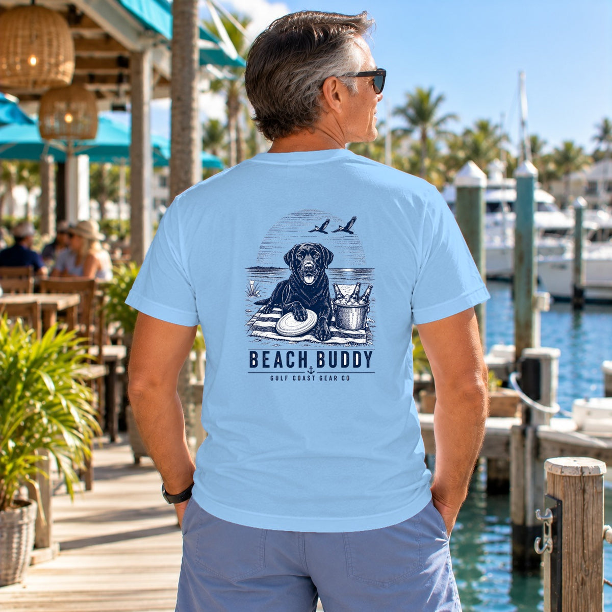 Beach Buddy heavyweight crewneck tee in Light Blue, back