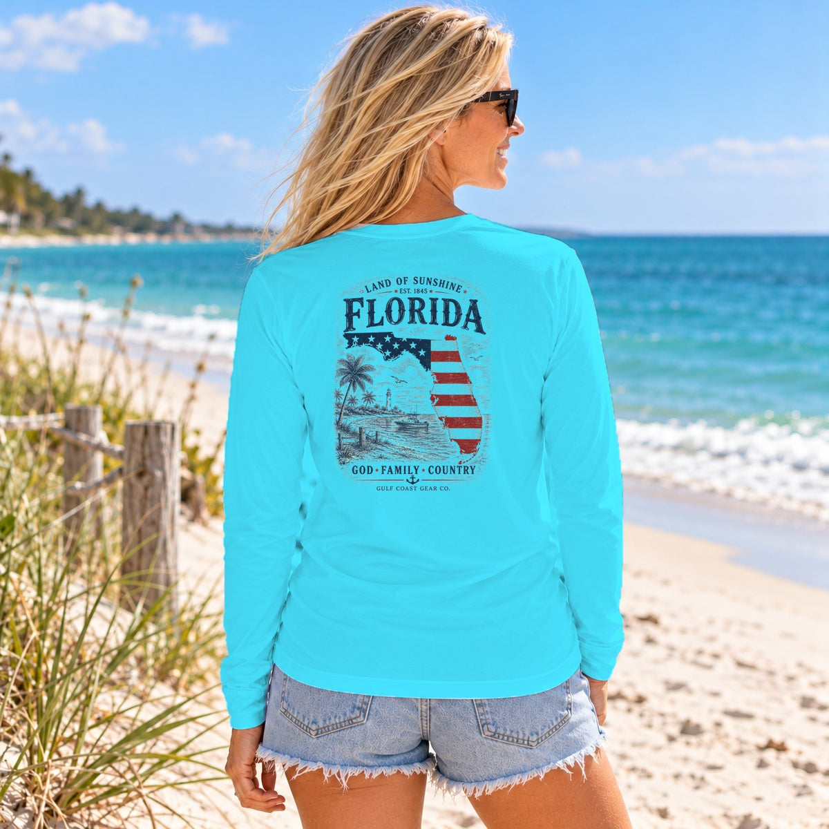 God, Family, Country performance long sleeve in Atomic Blue, back