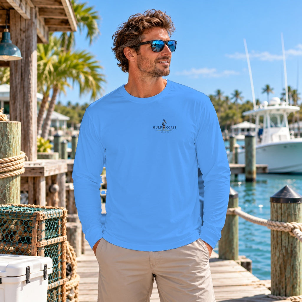 God, Family, Country performance long sleeve in Carolina Blue, front
