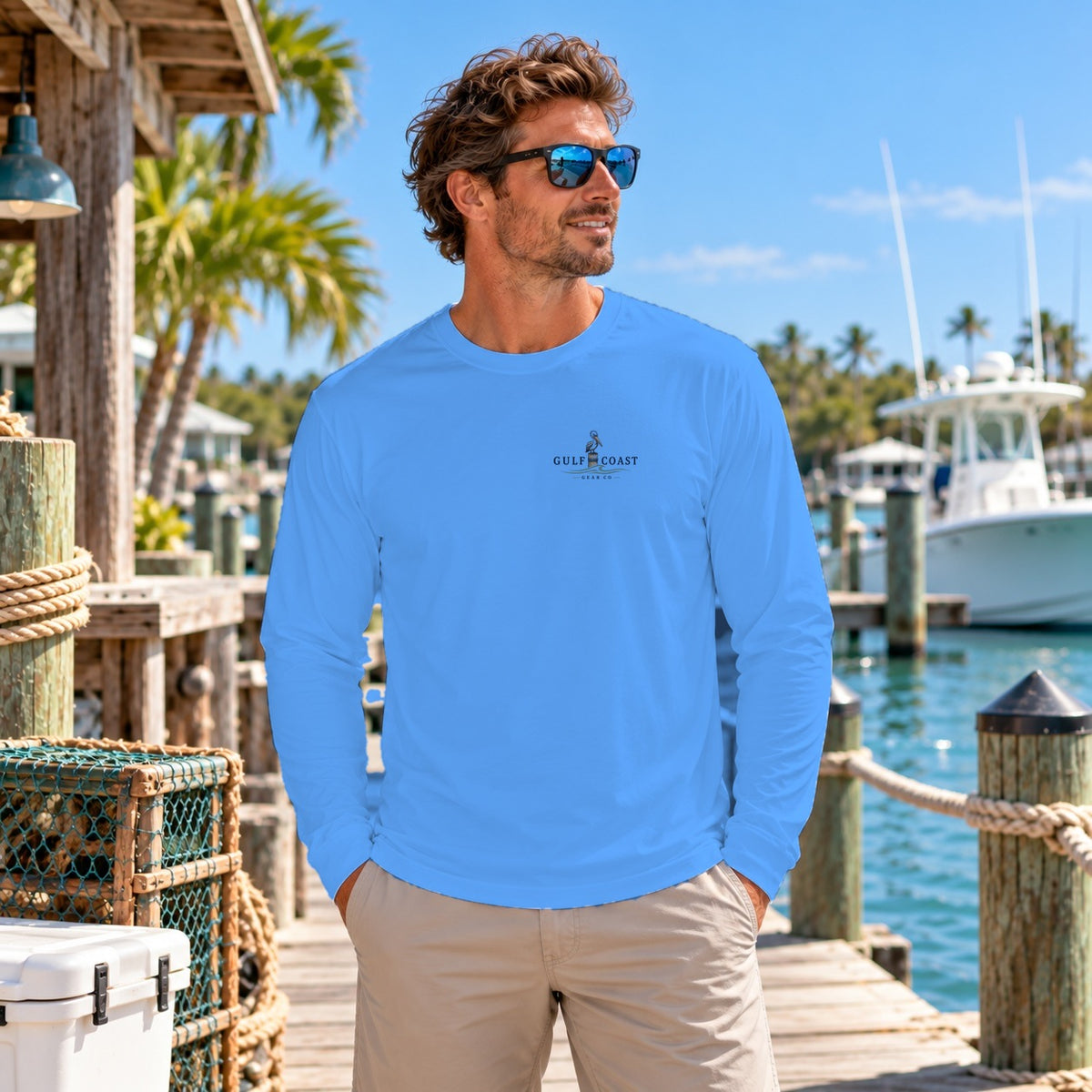 God, Family, Country performance long sleeve in Carolina Blue, front