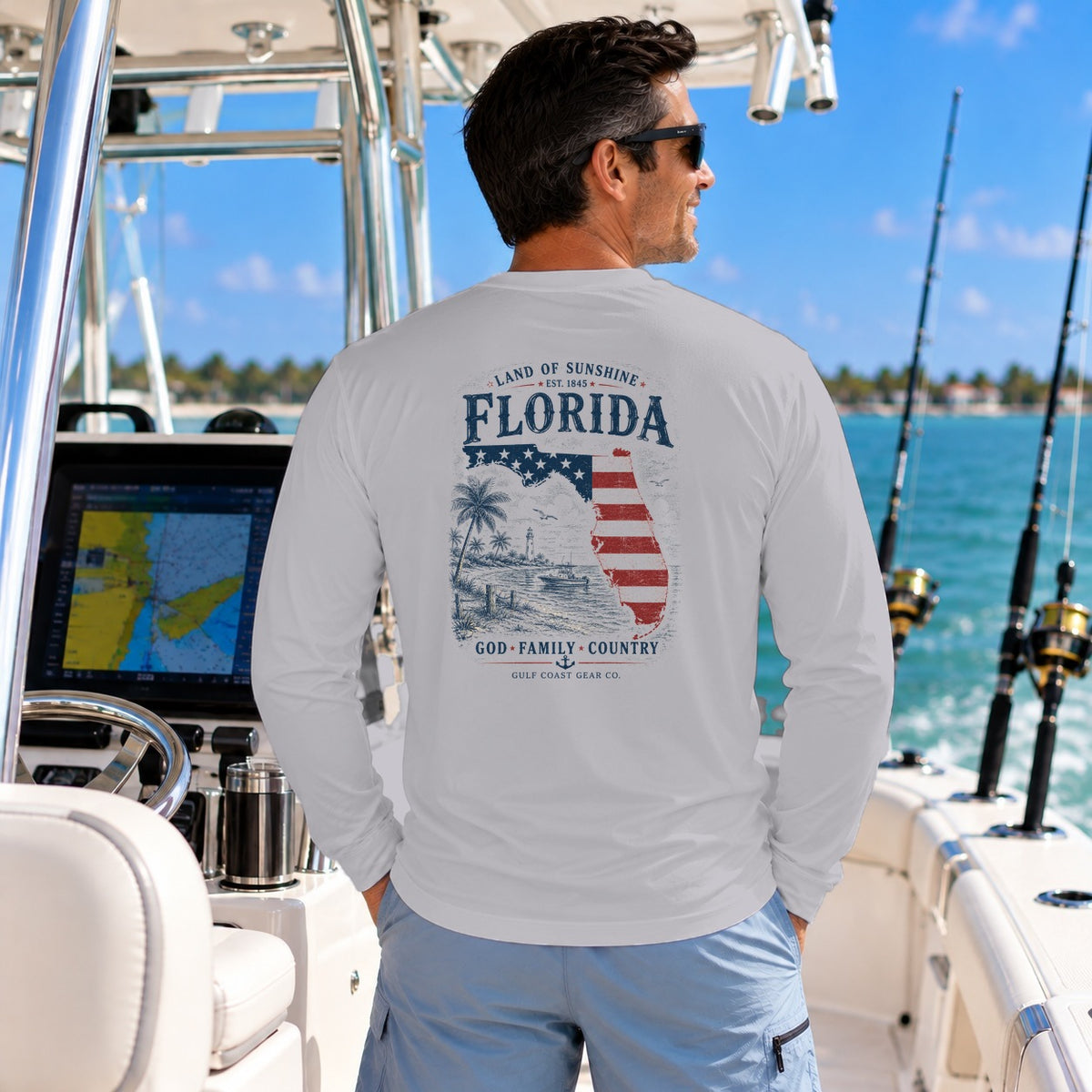 God, Family, Country performance long sleeve in Silver, back