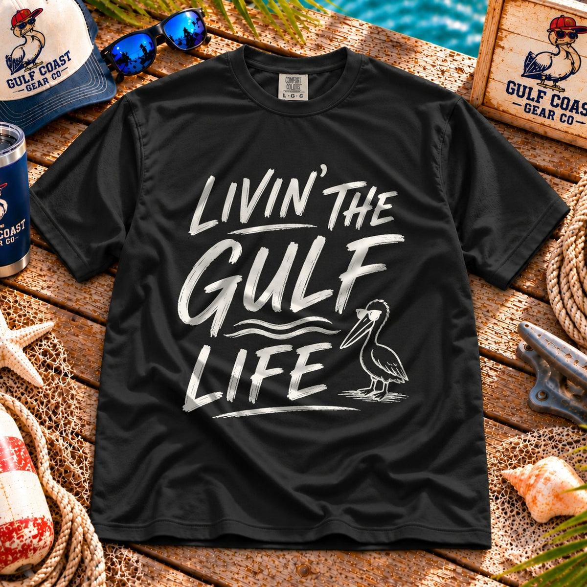 Livin' the Gulf Life heavyweight tee in Black, laid flat on dock boards