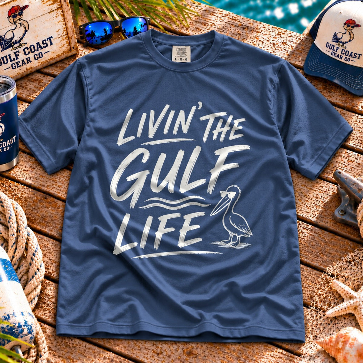 Livin' the Gulf Life heavyweight tee in Denim, laid flat on dock boards