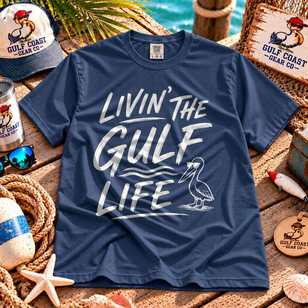 Livin' the Gulf Life heavyweight tee in Midnight, laid flat on dock boards