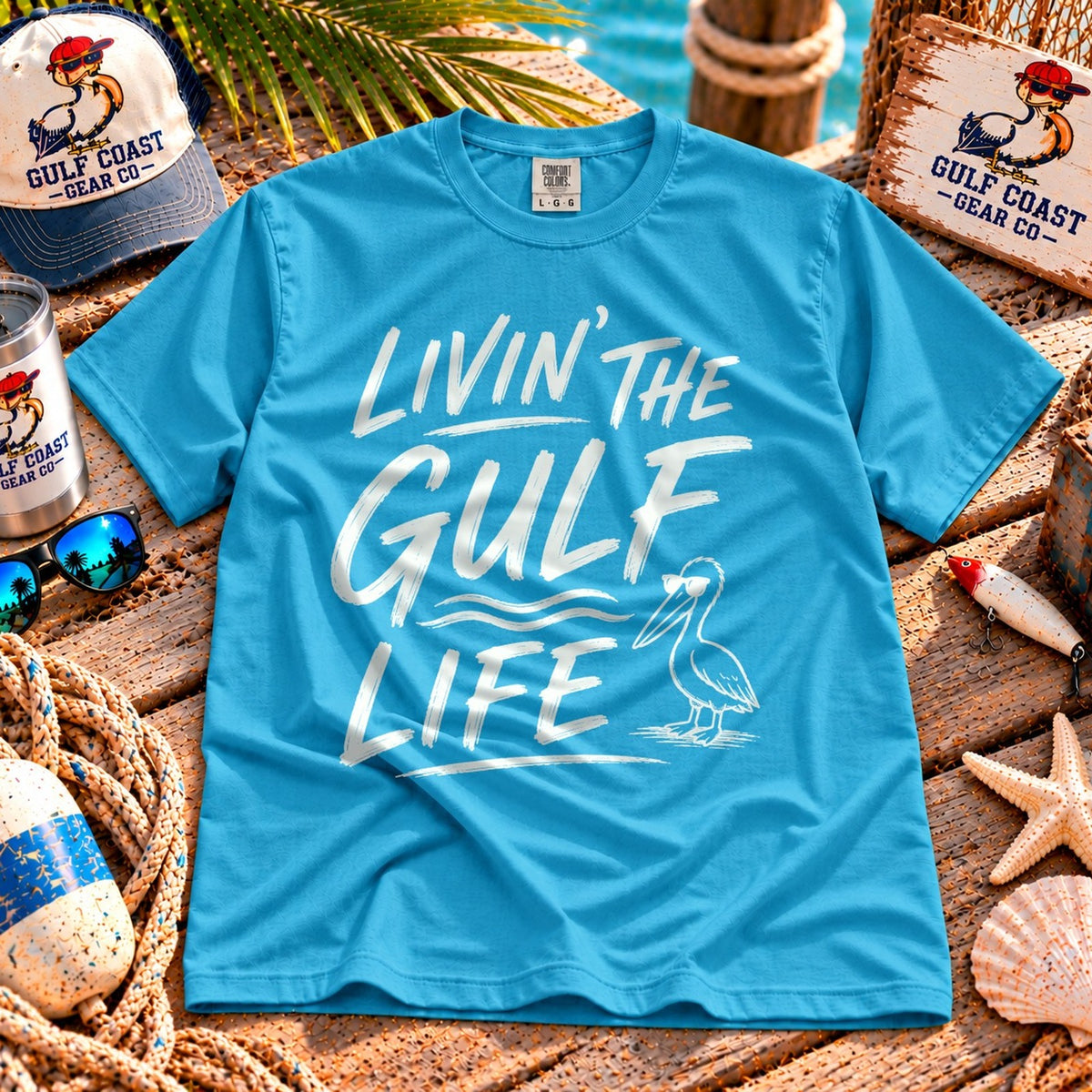 Livin' the Gulf Life heavyweight tee in Royal Caribe, laid flat on dock boards