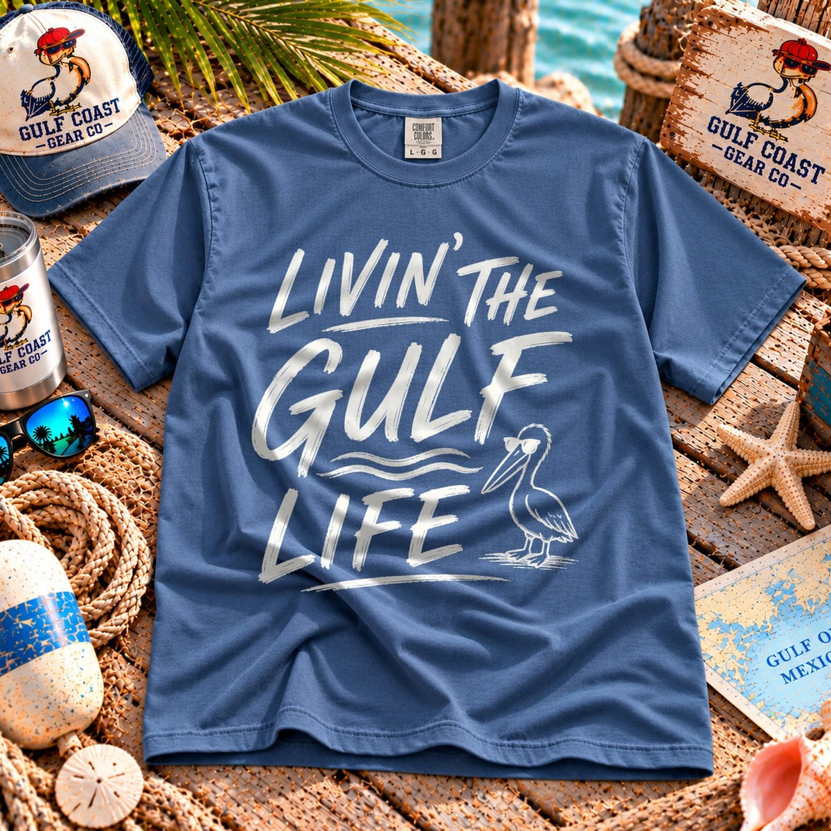 Livin' the Gulf Life heavyweight tee in Washed Denim, laid flat on dock boards
