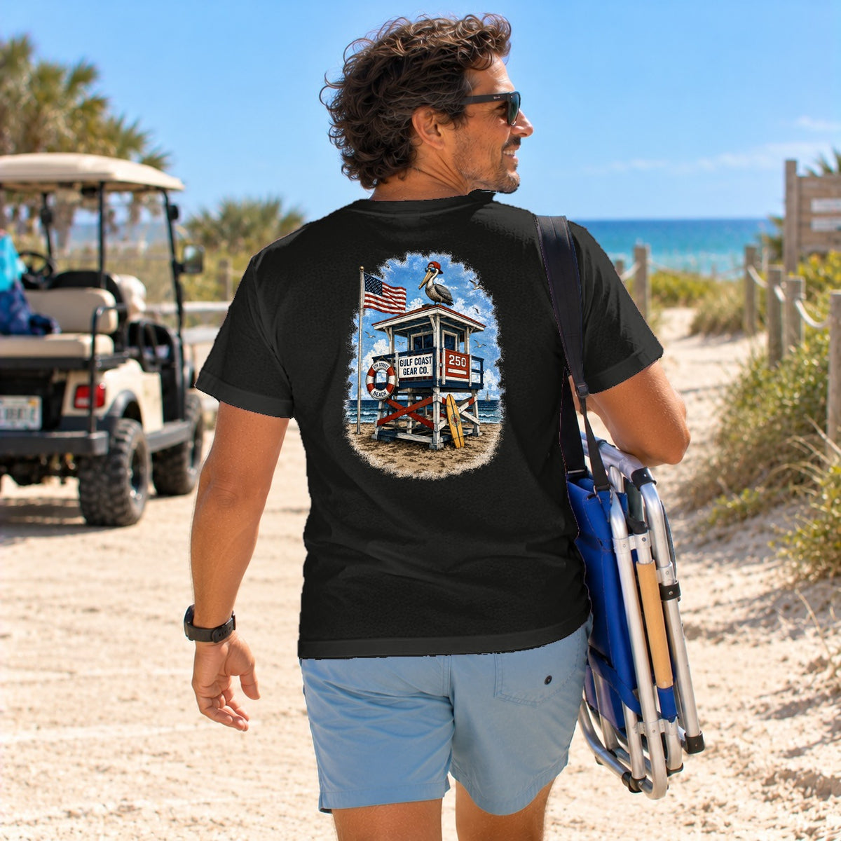 Red, White & Blue Lifeguard Stand heavyweight crewneck tee in Black, back