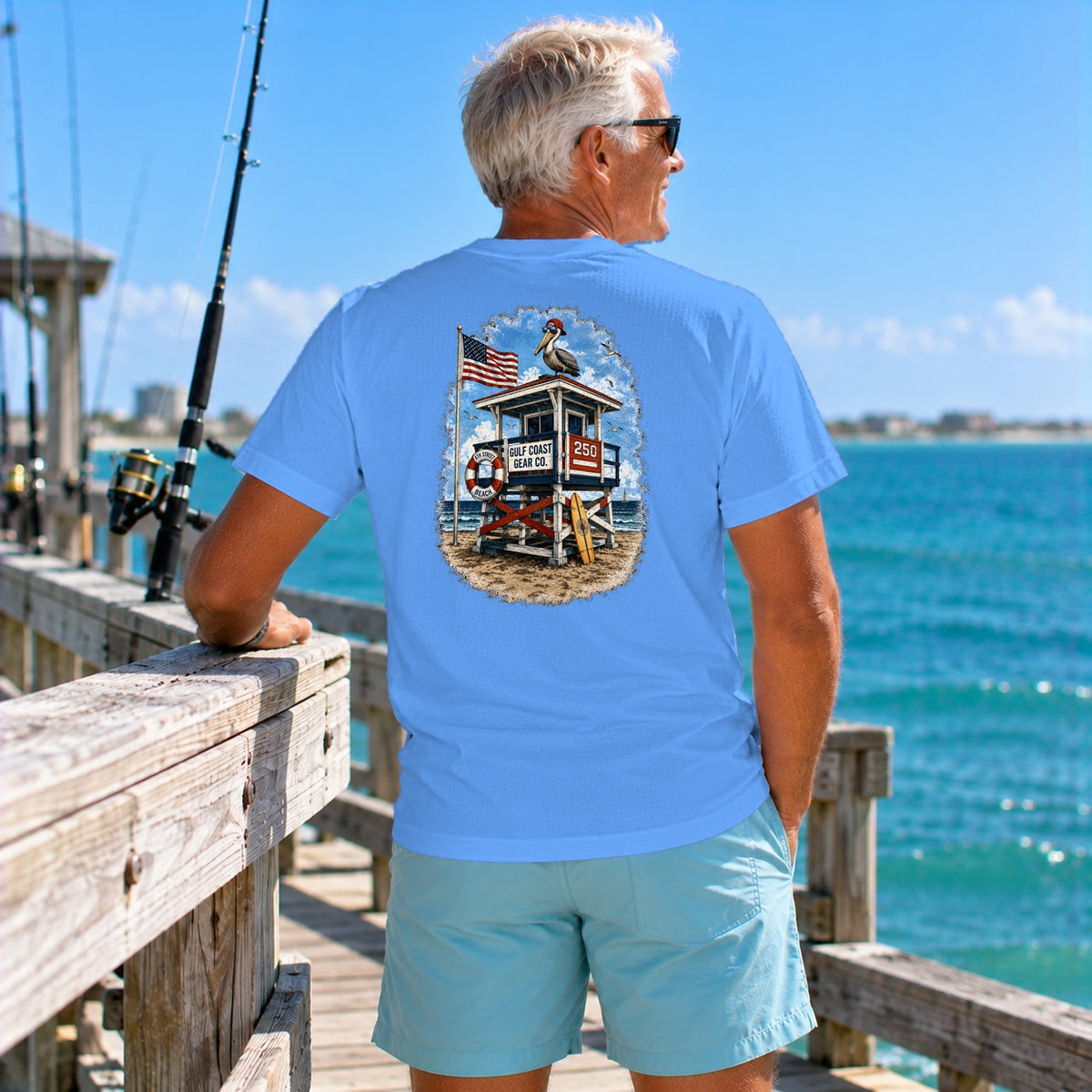 Red, White & Blue Lifeguard Stand heavyweight crewneck tee in Carolina Blue, back