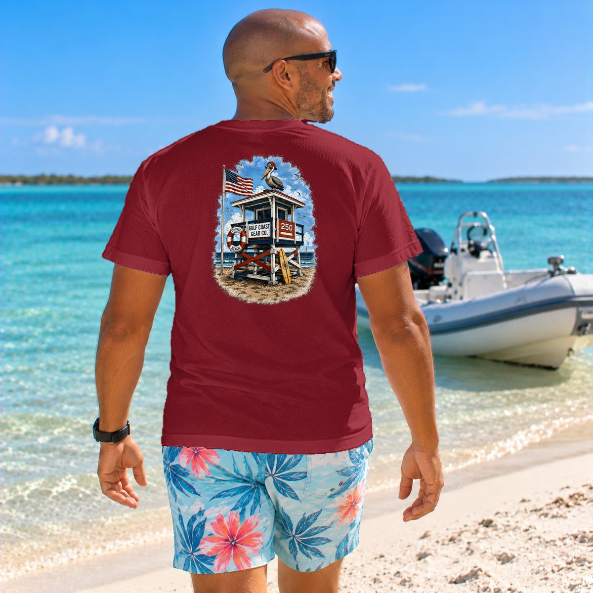Red, White & Blue Lifeguard Stand heavyweight crewneck tee in Garnet, back