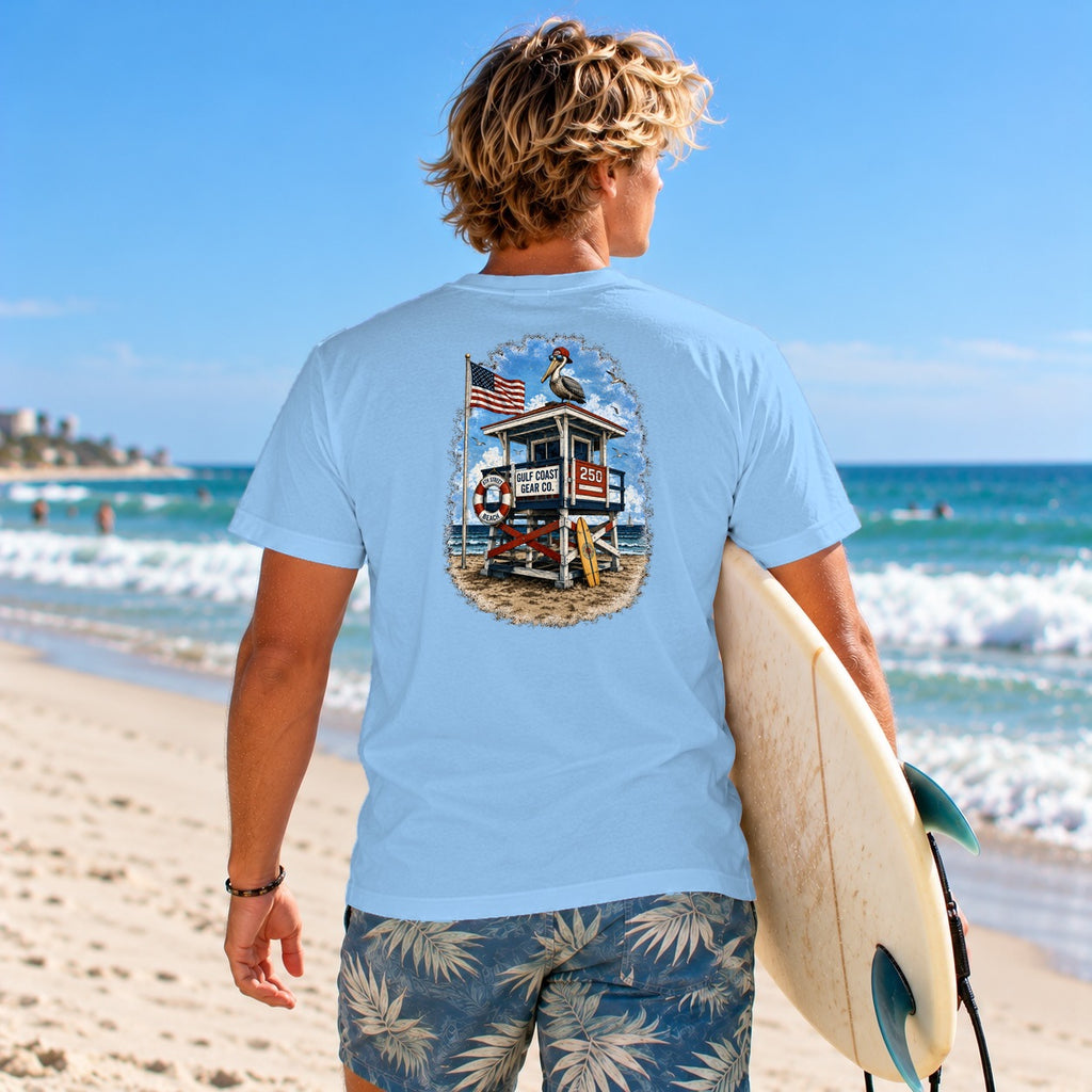 Red, White & Blue Lifeguard Stand heavyweight crewneck tee in Light Blue, back