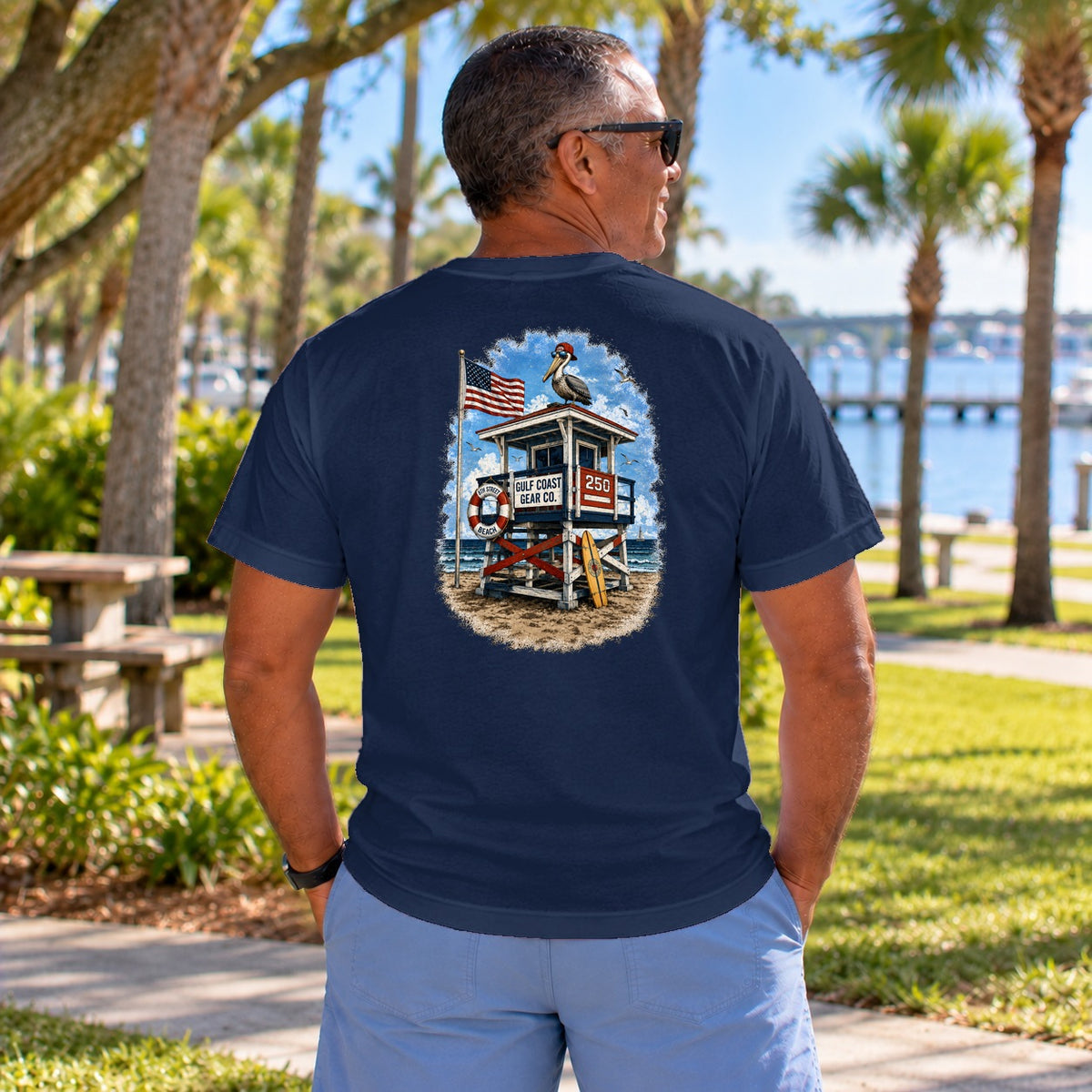Red, White & Blue Lifeguard Stand heavyweight crewneck tee in Navy, back