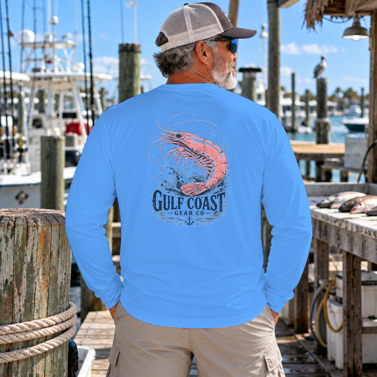 Pink Shrimp performance long sleeve in Carolina Blue, back