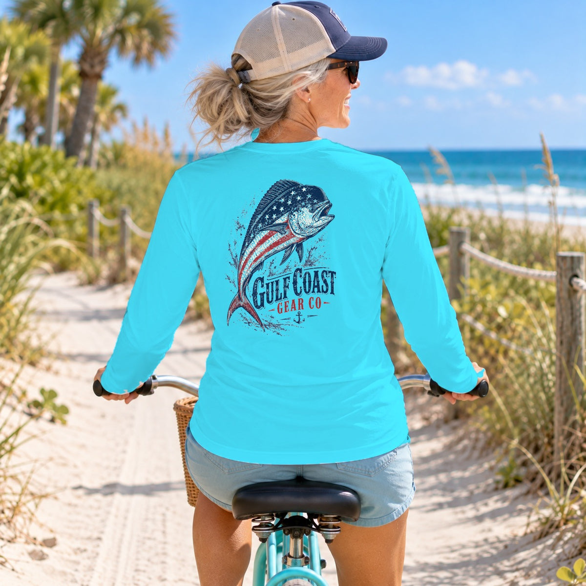 Red, White & Blue Mahi performance long sleeve in Atomic Blue, back