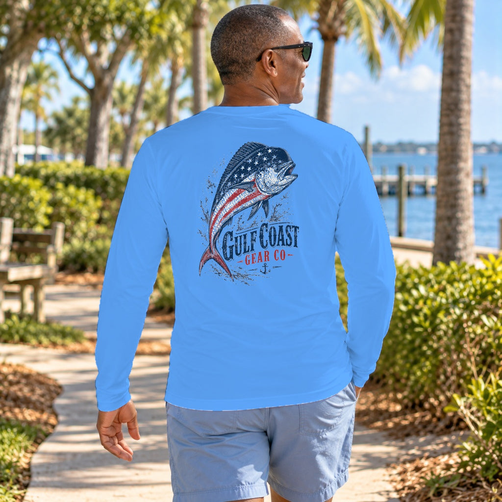 Red, White & Blue Mahi performance long sleeve in Carolina Blue, back