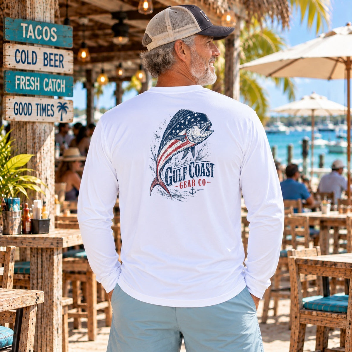 Red, White & Blue Mahi performance long sleeve in White, back